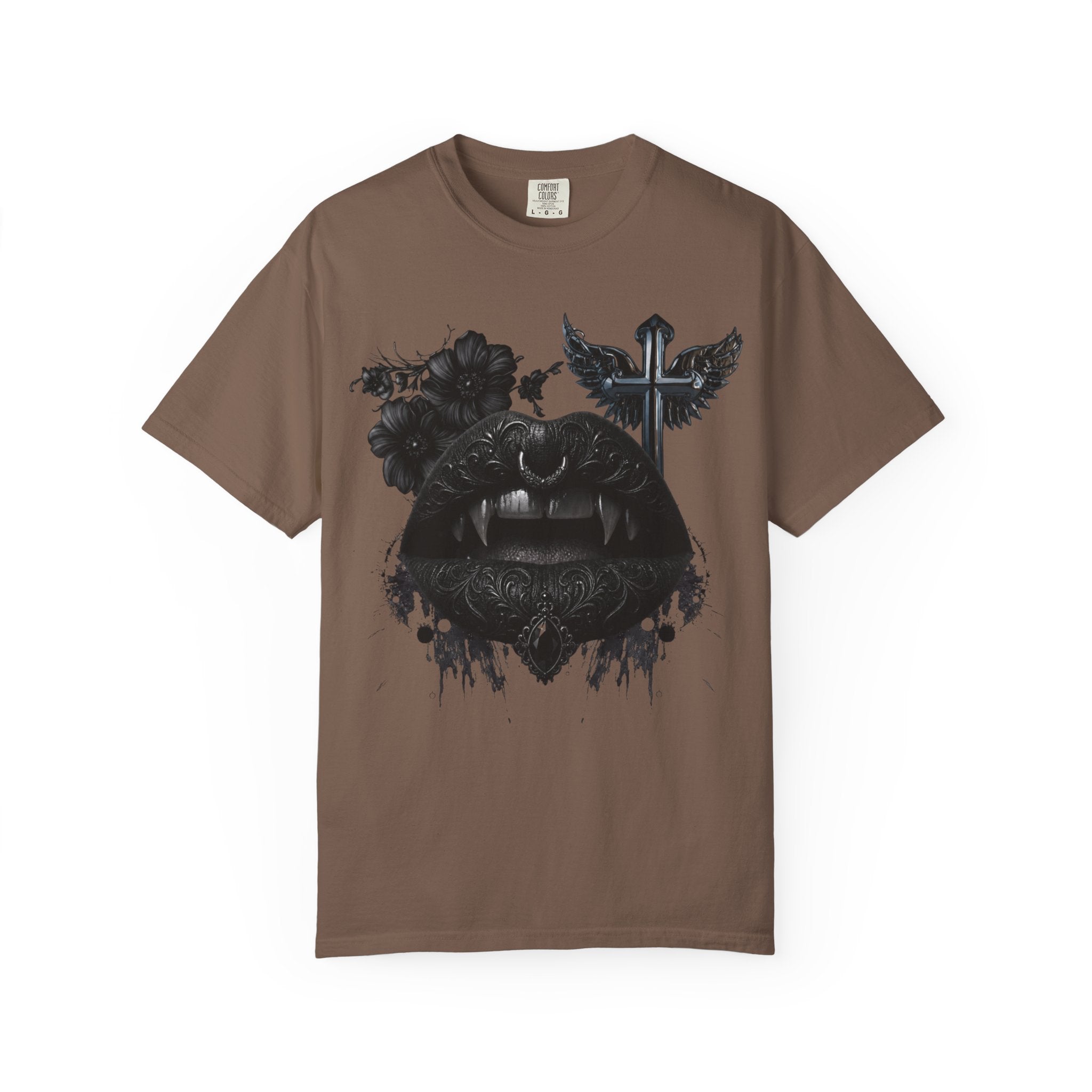 Vampire Black Lips Graphic T-Shirt - Gothic Black Lips and Fangs tee - Dark Aesthetic Tee. midnight Eye, LLC