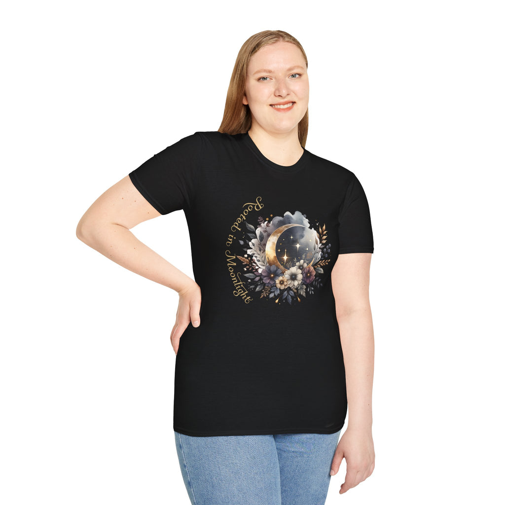 Moonlight Floral T-Shirt — 'Rooted in Moonlight' Celestial Floral Graphic Tee - Mystical Tee - Midnight Eye, LLC