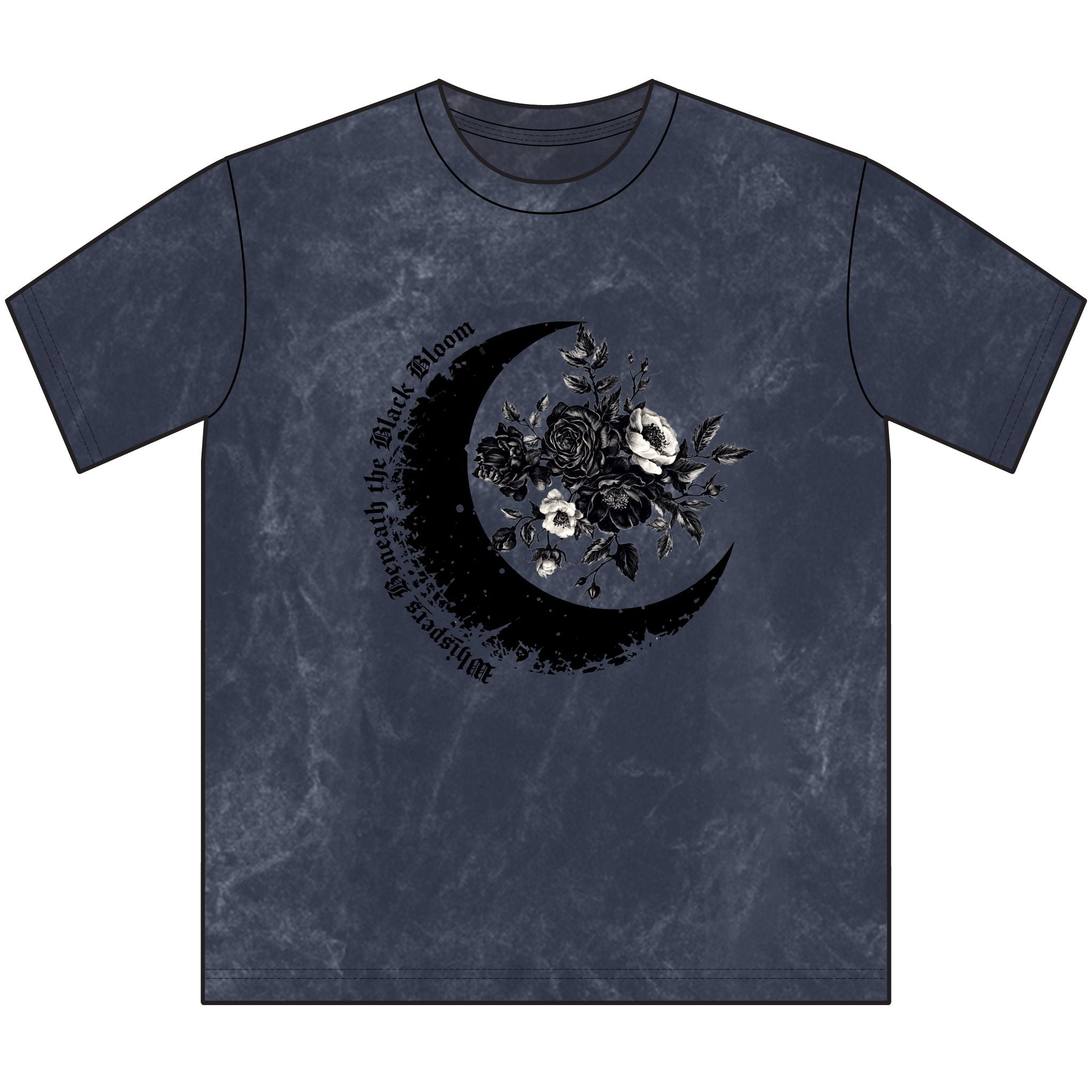 Navy blue t-shirt with a black crescent moon and floral design on a white background