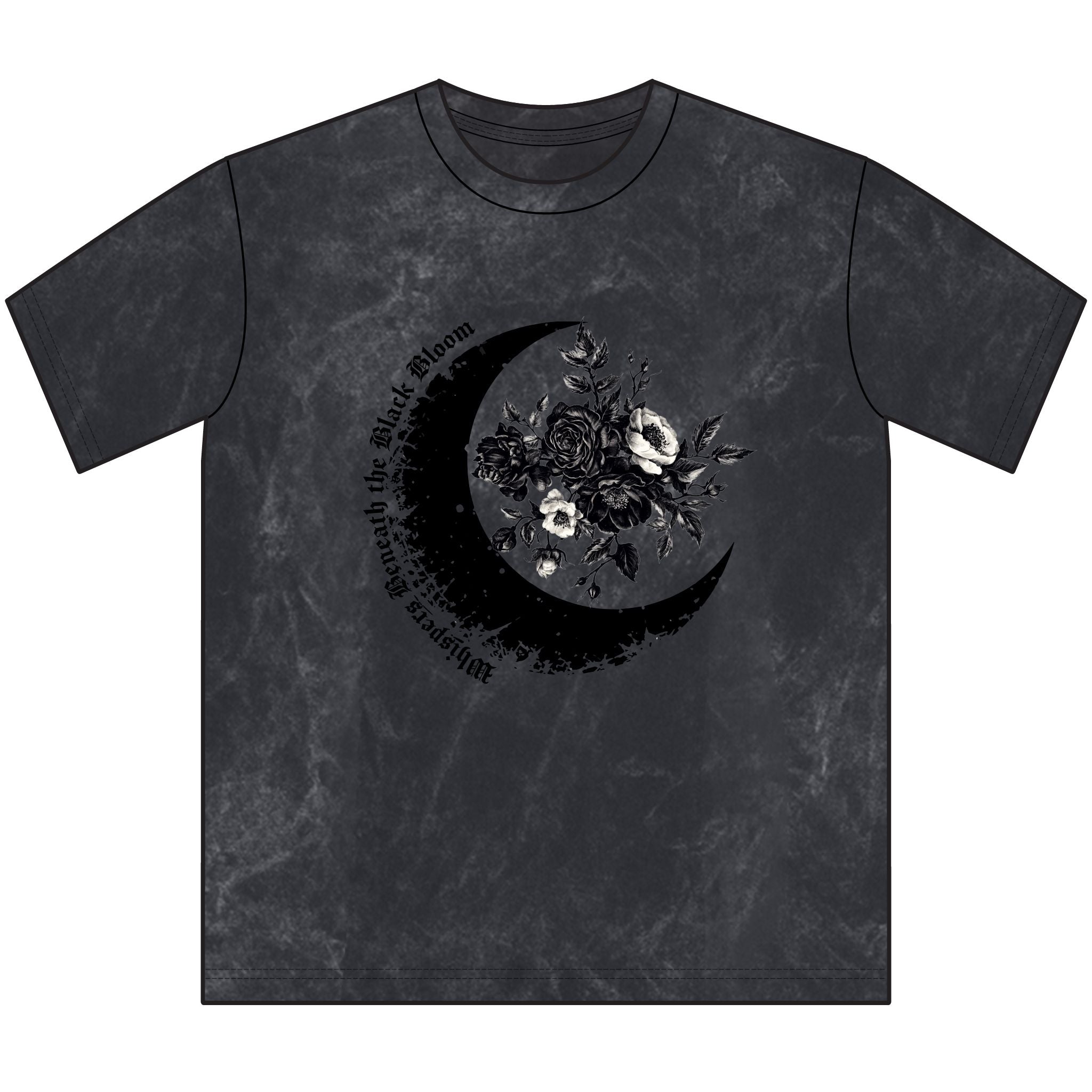  wearing a black acid-wash t-shirt with a floral crescent moon 
