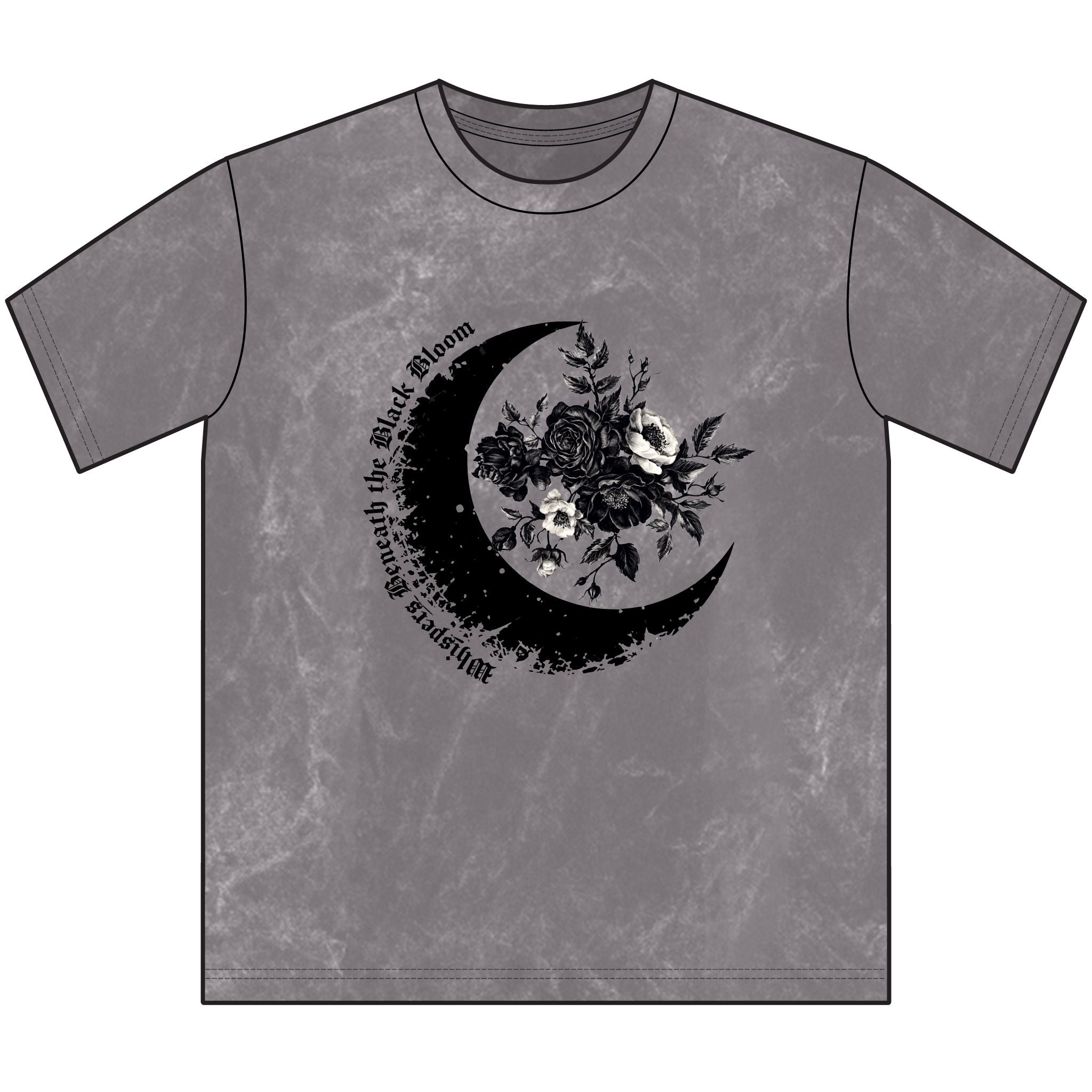 Gray t-shirt with a black moon and floral design on a white background