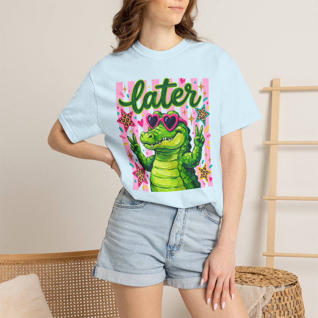 Funny Coquette Faux Brushstroke Stripped T-Shirt - Funny Alligator with Sunglasses Tee - Midnight Eye, LLC