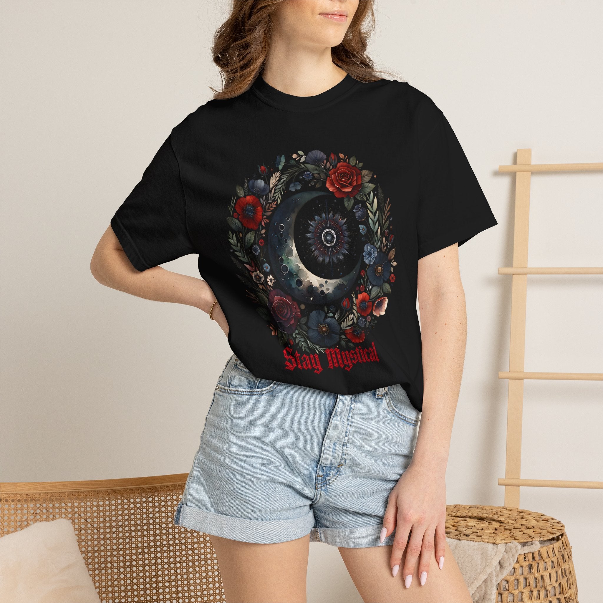 Mystical Moon T-Shirt — “Stay Mystical” Floral Crescent Tee - Dark Aesthetic T-Shirt. Midnight Eye, LLC.