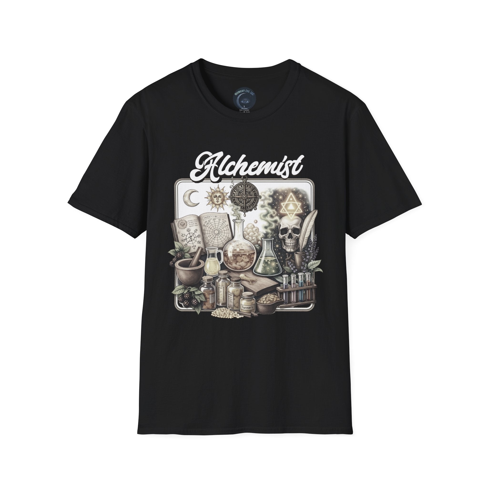 Alchemist Graphic T-Shirt — Vintage Apothecary Potion & Skull Design - Mystical Tee. Midnight Eye, LLC