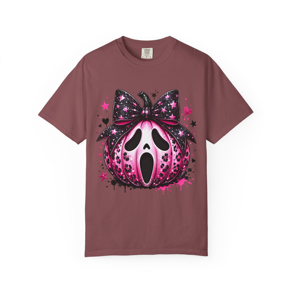 Ghost Face Pumpkin T‑Shirt — Cute Pink Halloween Tee. Midnight Eye, LLC