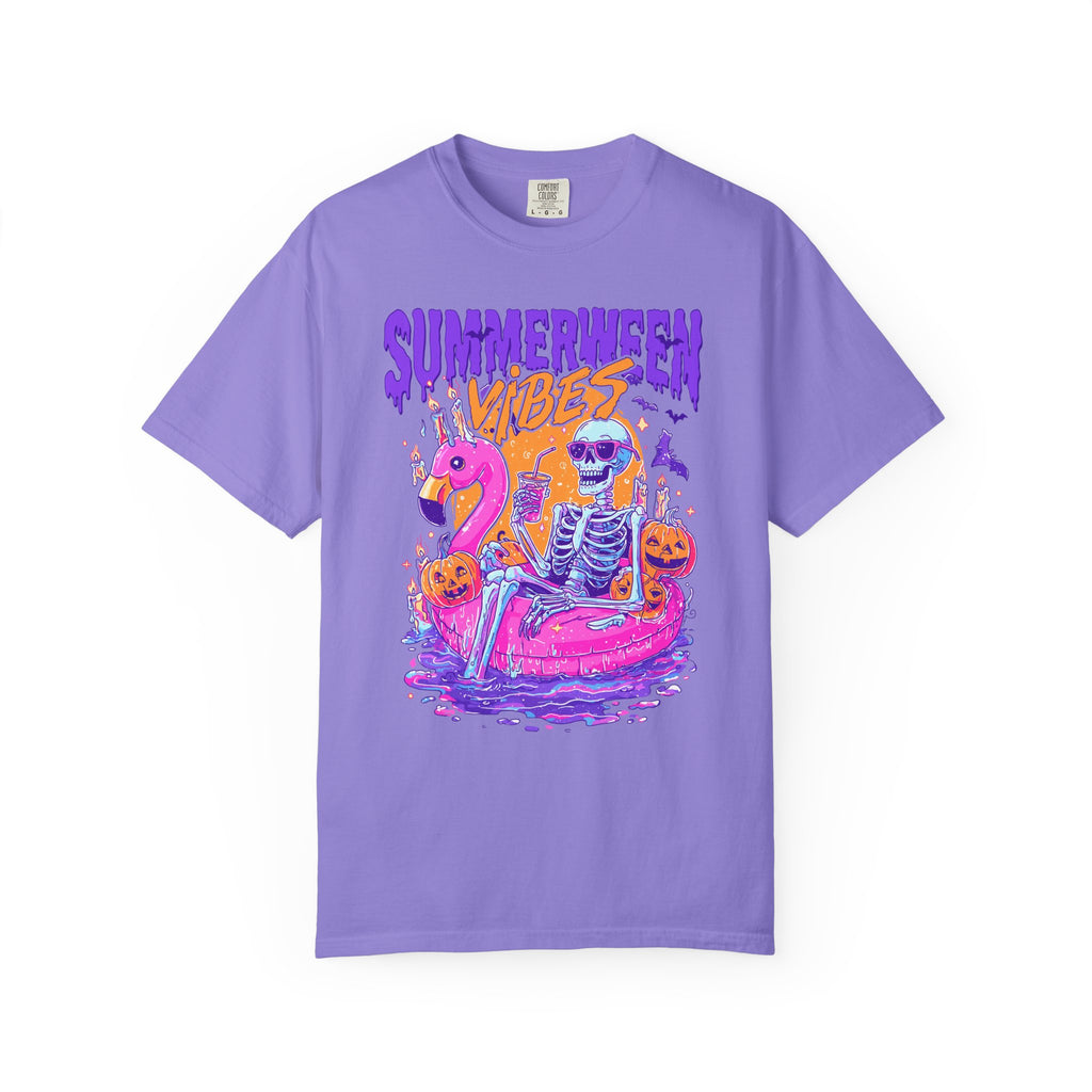 Summerween Vibes T-Shirt — Flamingo Pool Skeleton Halloween in Summer Tee - Midnight Eye, LLC