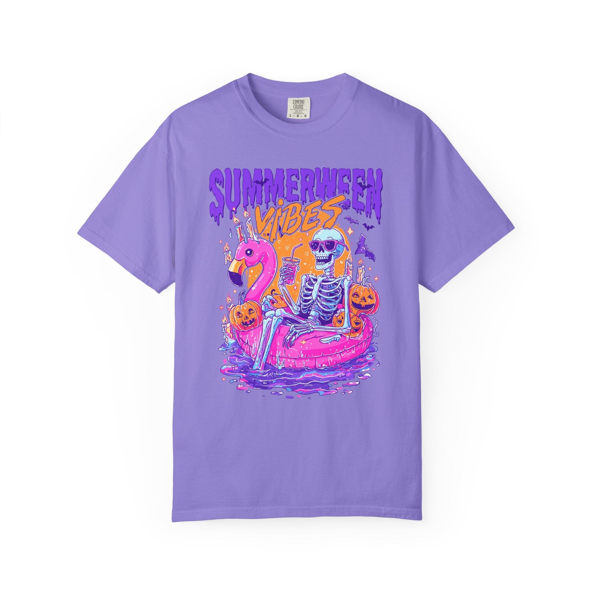 Summerween Vibes T-Shirt — Flamingo Pool Skeleton Halloween in Summer Tee - Midnight Eye, LLC