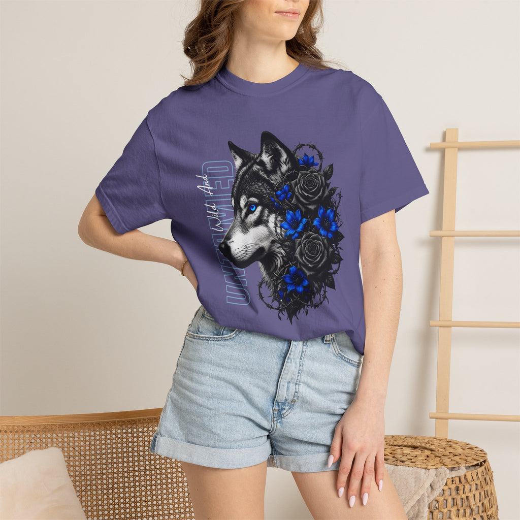 Wolf Floral T-Shirt — "Untamed" Graphic Tee with Blue & Black Roses. Midnight Eye, LLC.