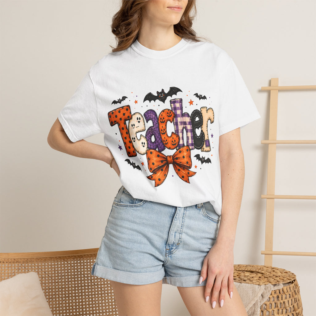 Teacher Halloween T-Shirt — Cute Spooky 'Teacher' Design with Bats & Bow. Midnight Eye, LLC