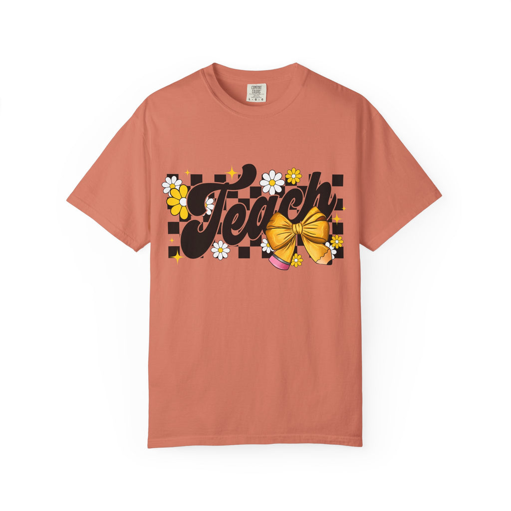 Teacher Floral Bow T-Shirt — 'Teach' Checkerboard Design