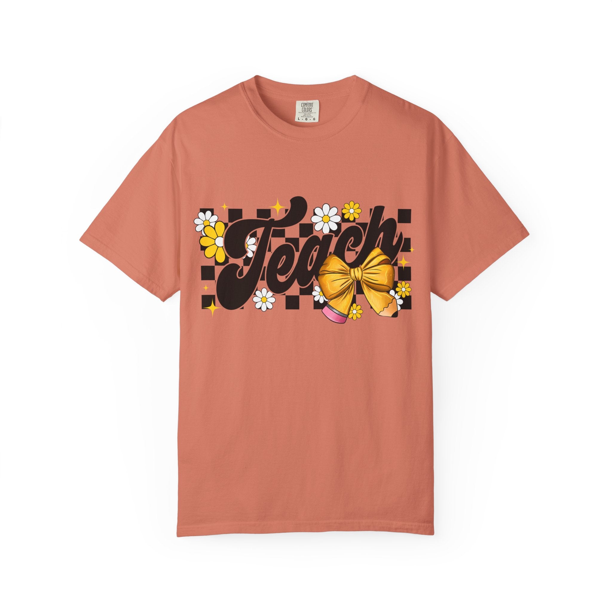 Teacher Floral Bow T-Shirt — 'Teach' Checkerboard Design
