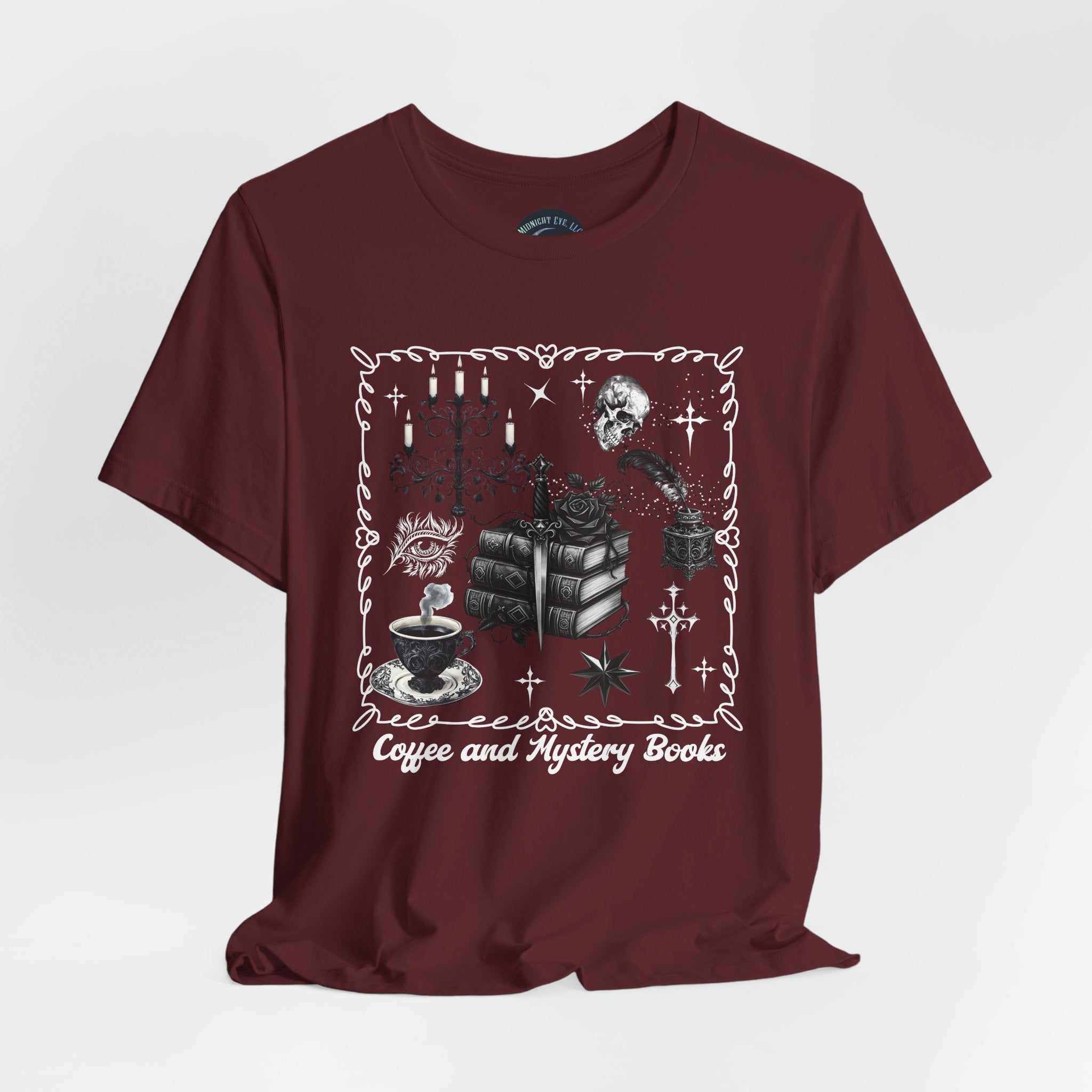 Reading, Coffee & Books T-Shirt — Cozy Gothic Booklover Tee. Midnight Eye, LLC.