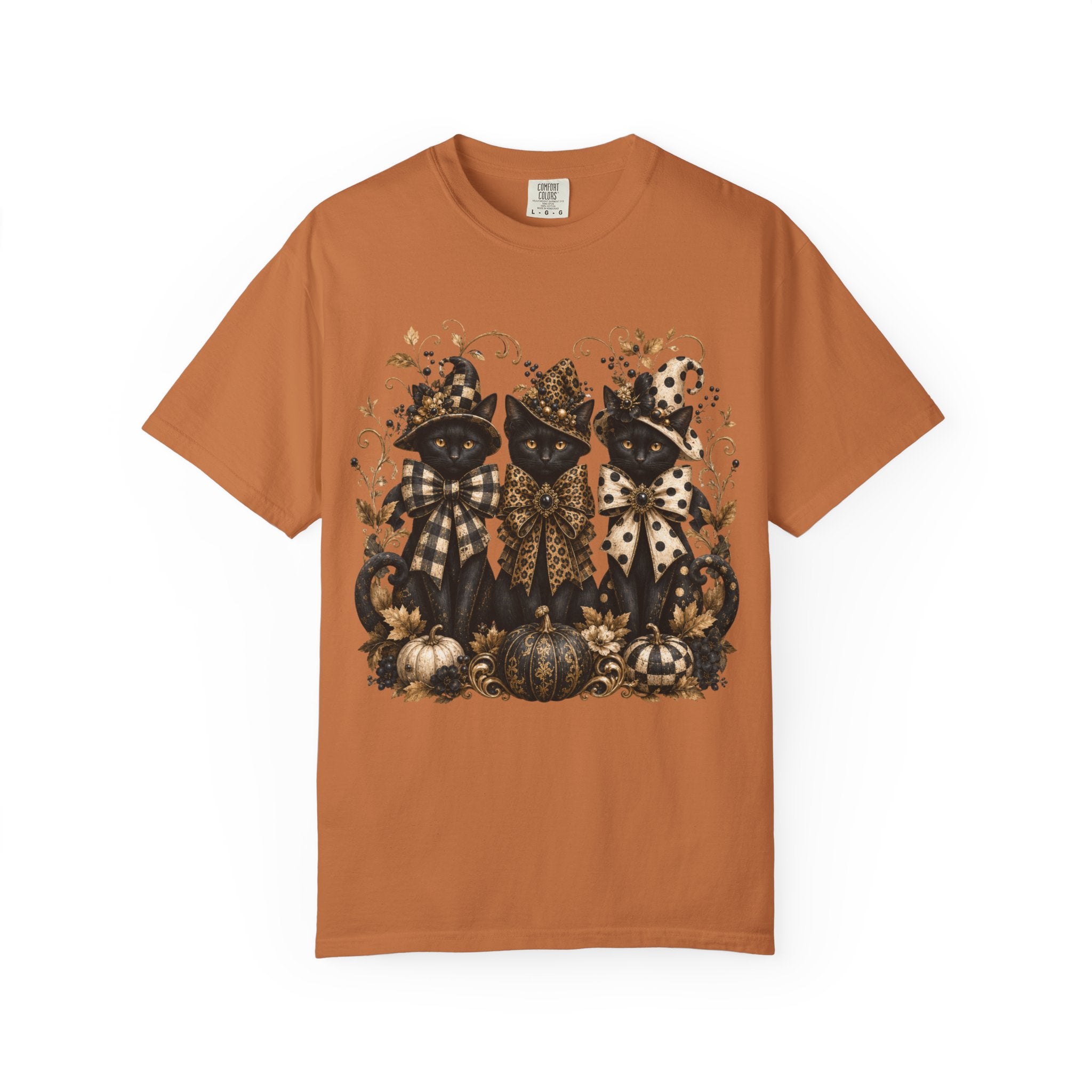 Halloween Black Cats & Pumpkins T-Shirt — Autumn Spooky Vintage Tee. Midnight Eye, LLC
