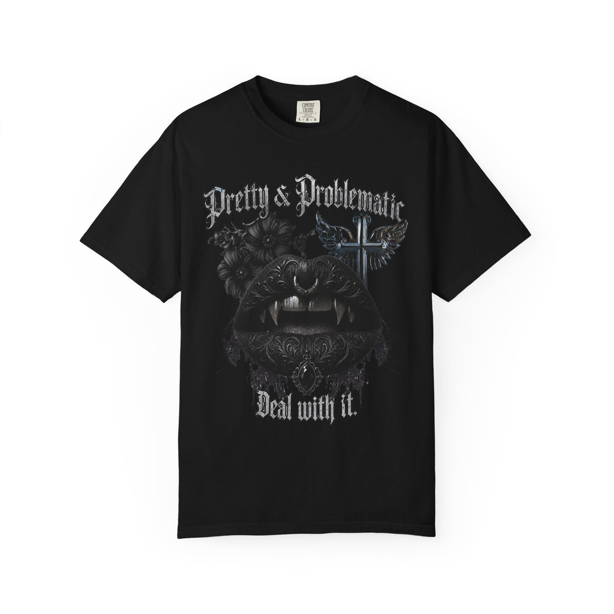 Pretty & Problematic Graphic T‑Shirt — 'Deal With It' Gothic Lips and Fangs Design. Midnight Eye, LLC