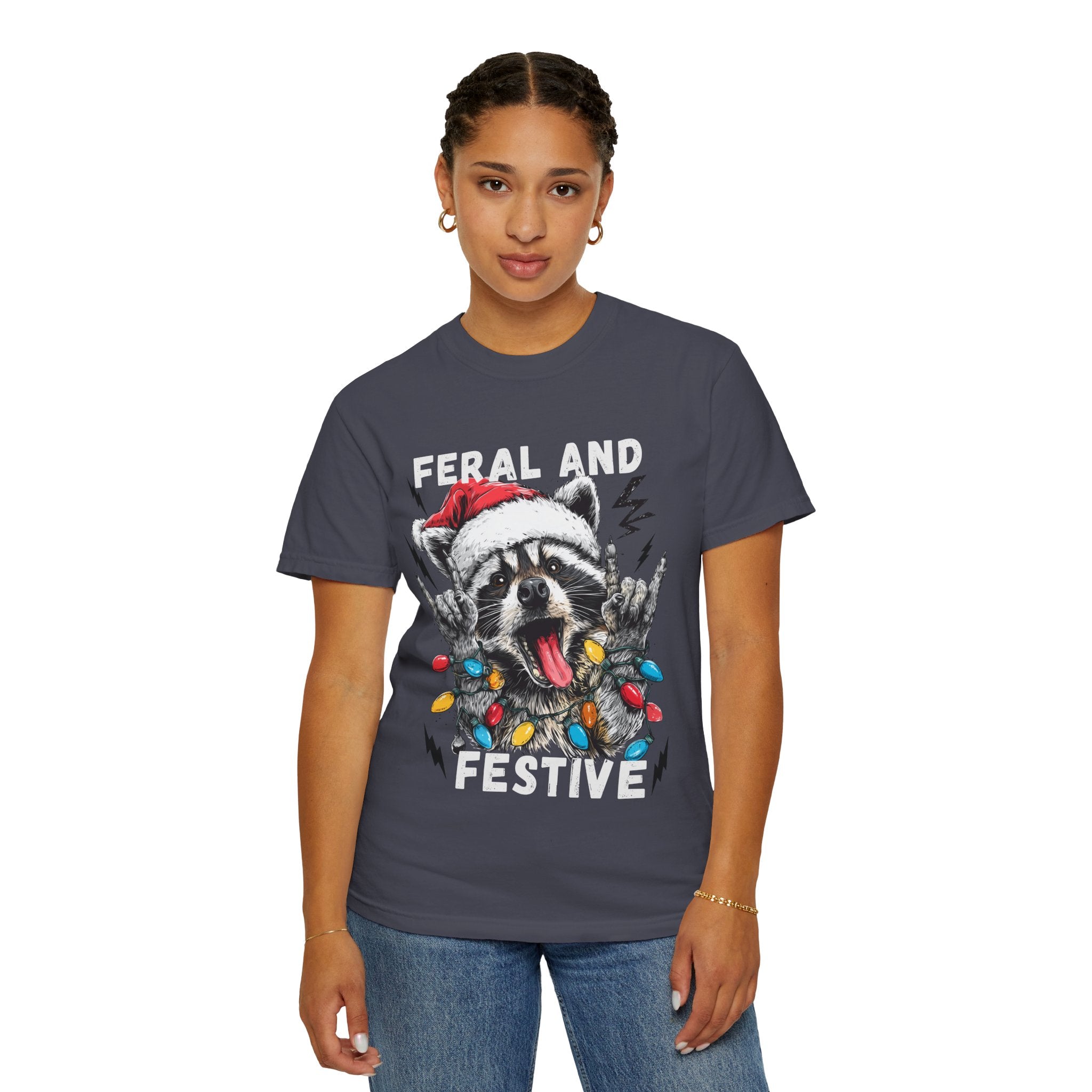 Feral and Festive Funny Raccoon Christmas T-Shirt - Racoon Graphic T-Shirt