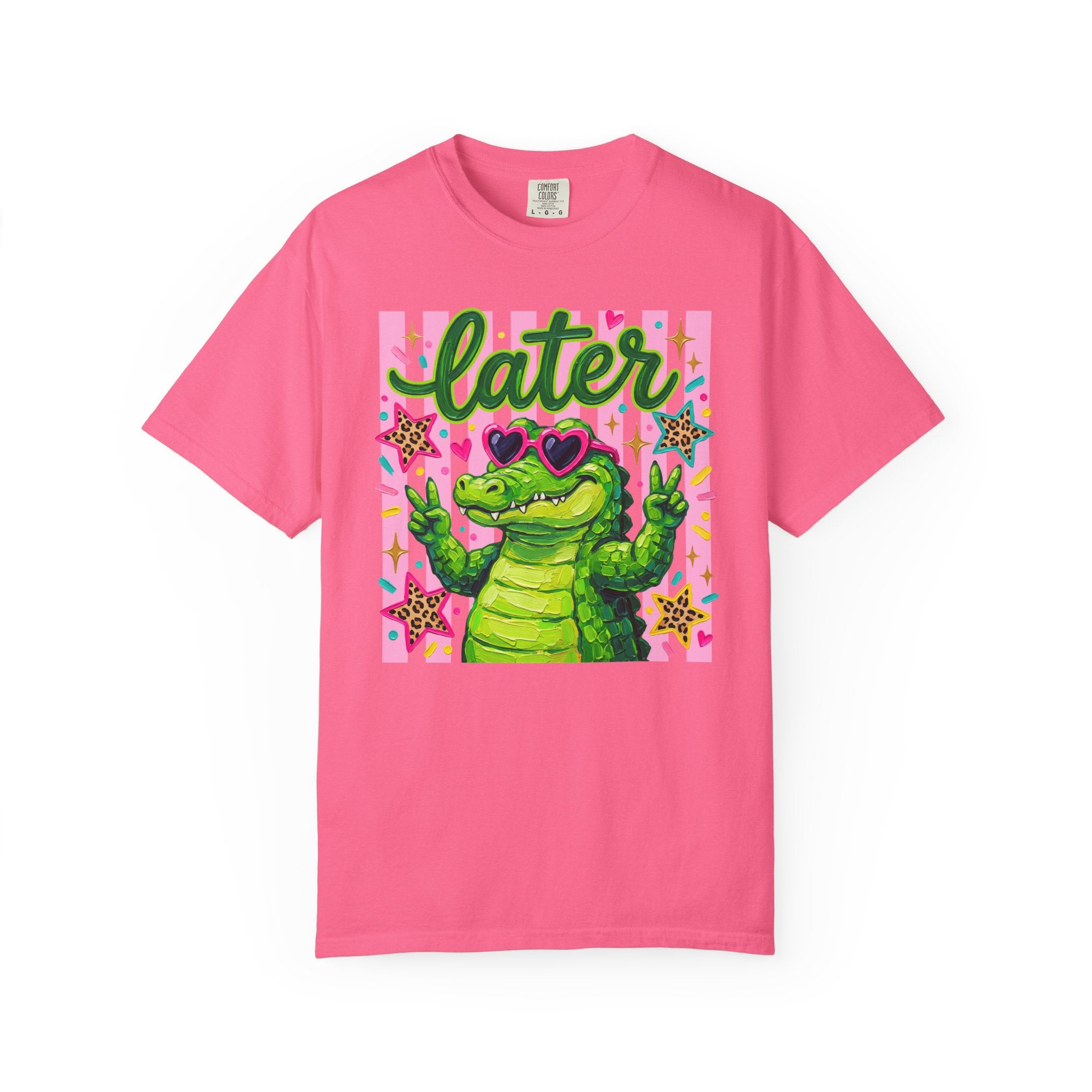 Funny Coquette Faux Brushstroke Stripped T-Shirt - Funny Alligator with Sunglasses Tee - Midnight Eye, LLC