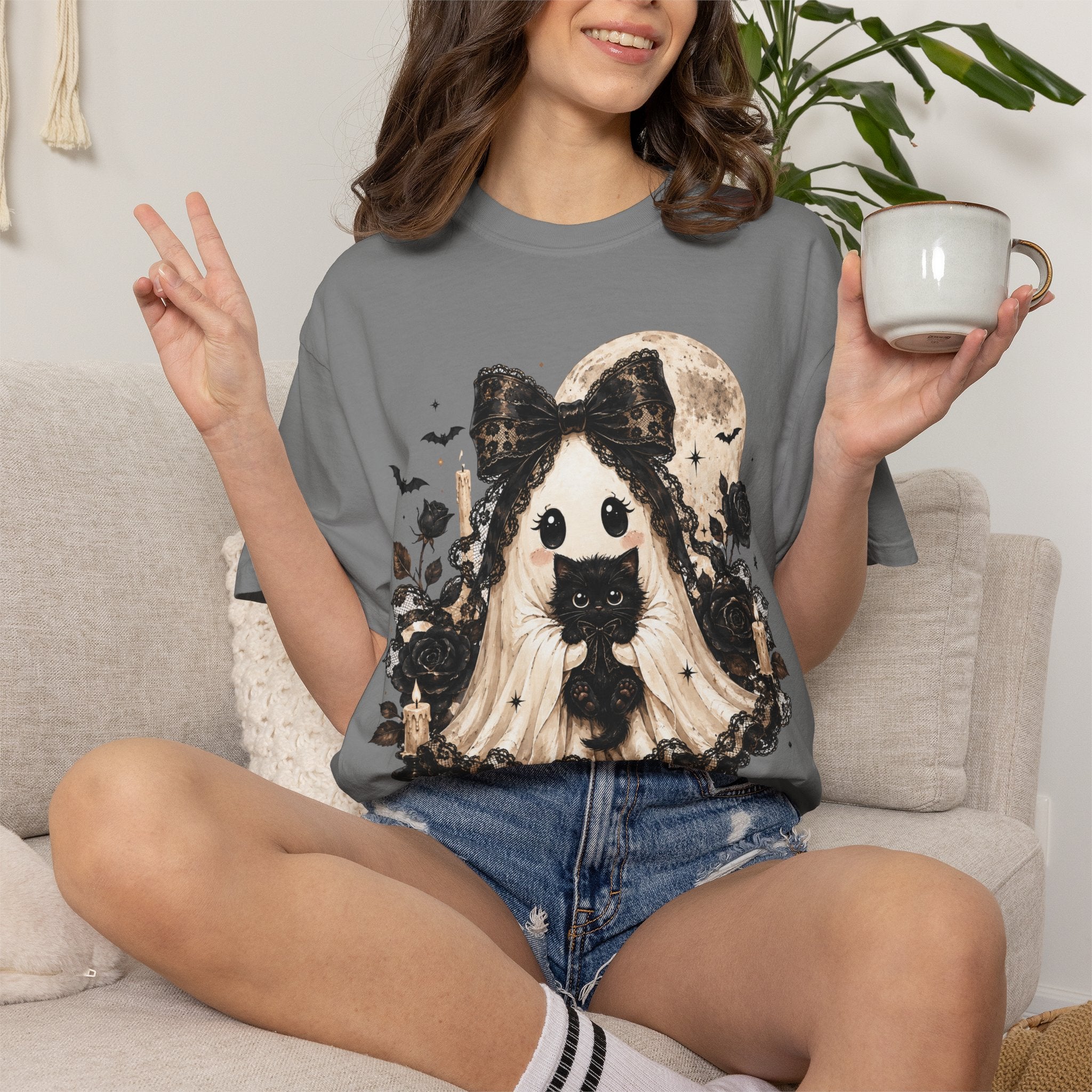 Halloween Gothic Girl Ghost with Black Cat T-Shirt - Whimsy Goth Halloween Tee
