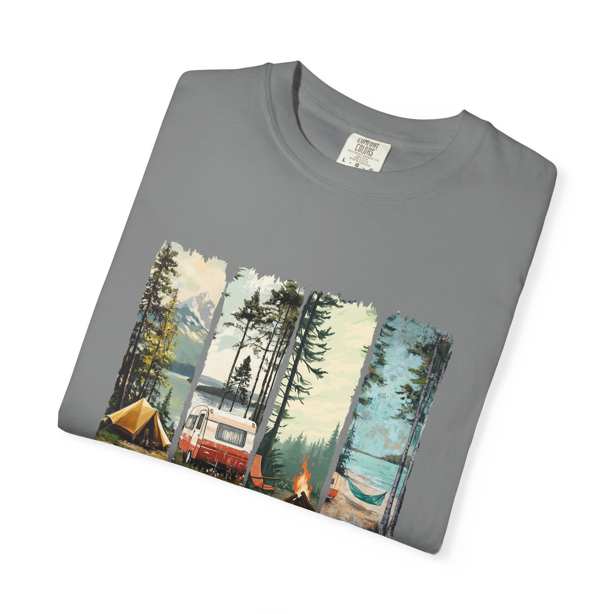 Camping Vibes T-Shirt — 'Camping Mode' Scenic Camper Retro Graphic Tee - Family Adventure Tee - Outdoor Tee - Midnight Eye, LLC