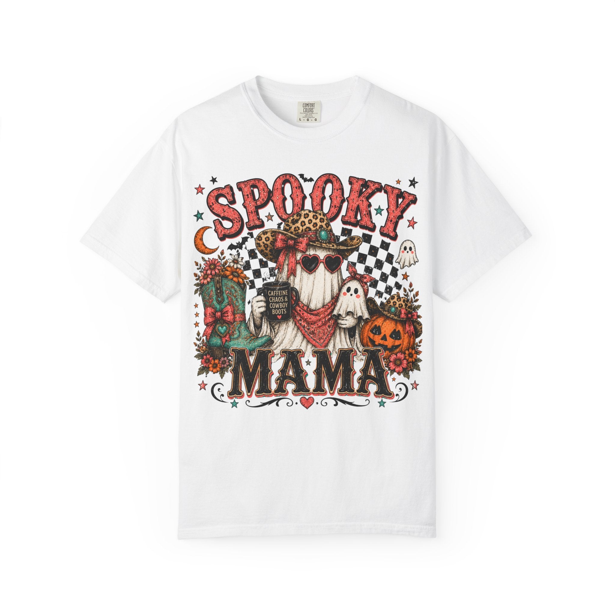Spooky Mama T-Shirt — Vintage Halloween Ghosts & Pumpkin Graphic. Midnight Eye, LLC