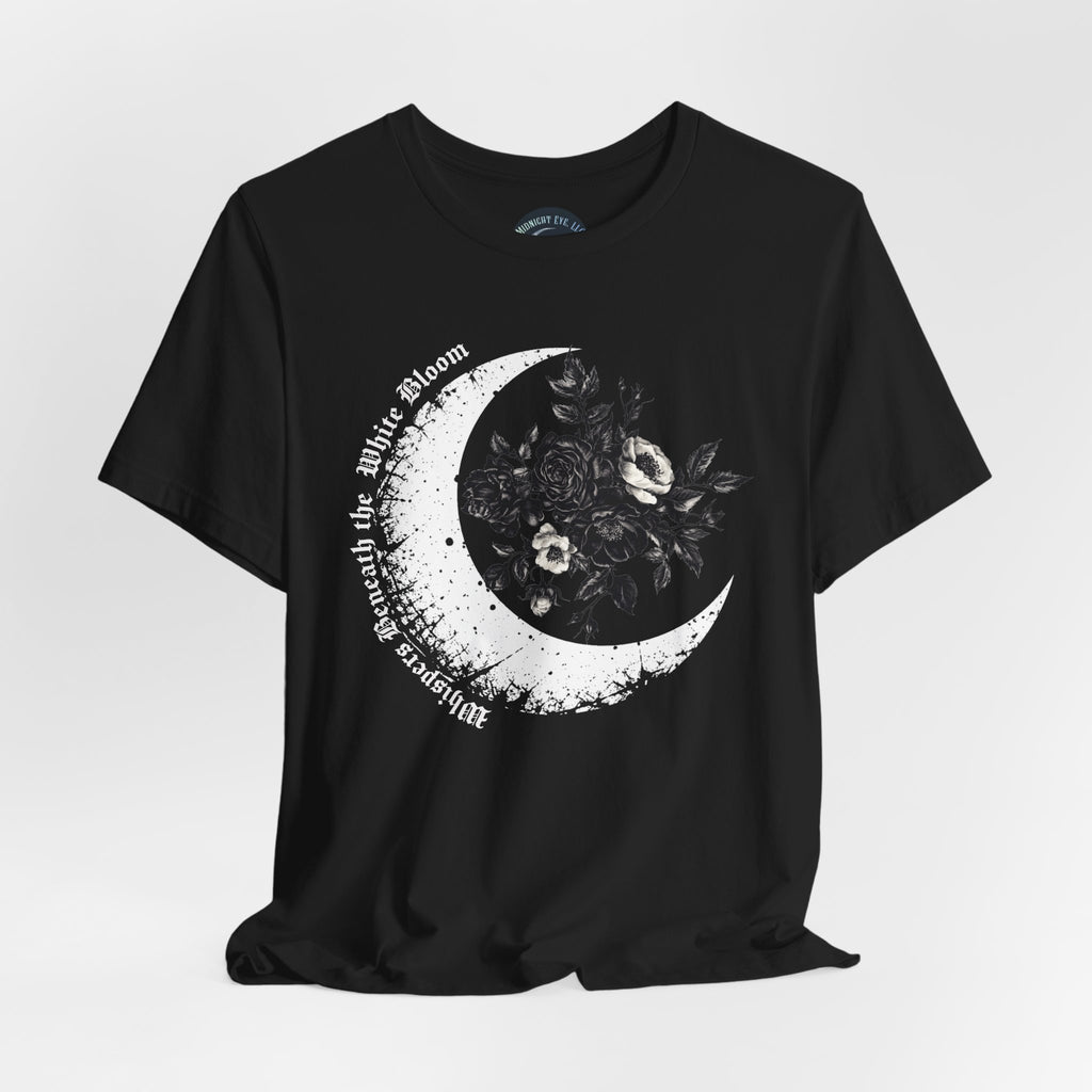 Moonflower Moon Tee — Floral Crescent Moon Graphic T-Shirt - Gothic Moon & Flowers Tee