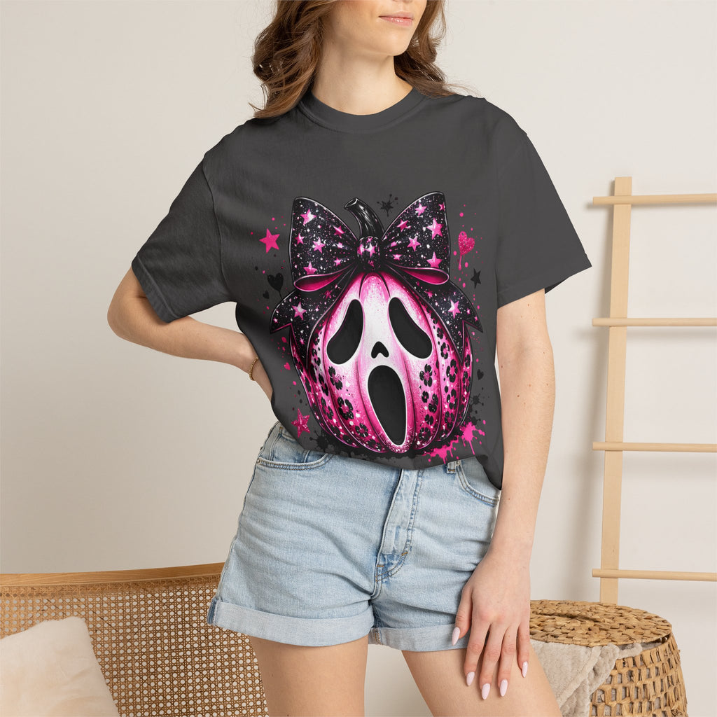 Ghost Face Pumpkin T‑Shirt — Cute Pink Halloween Tee. Midnight Eye, LLC