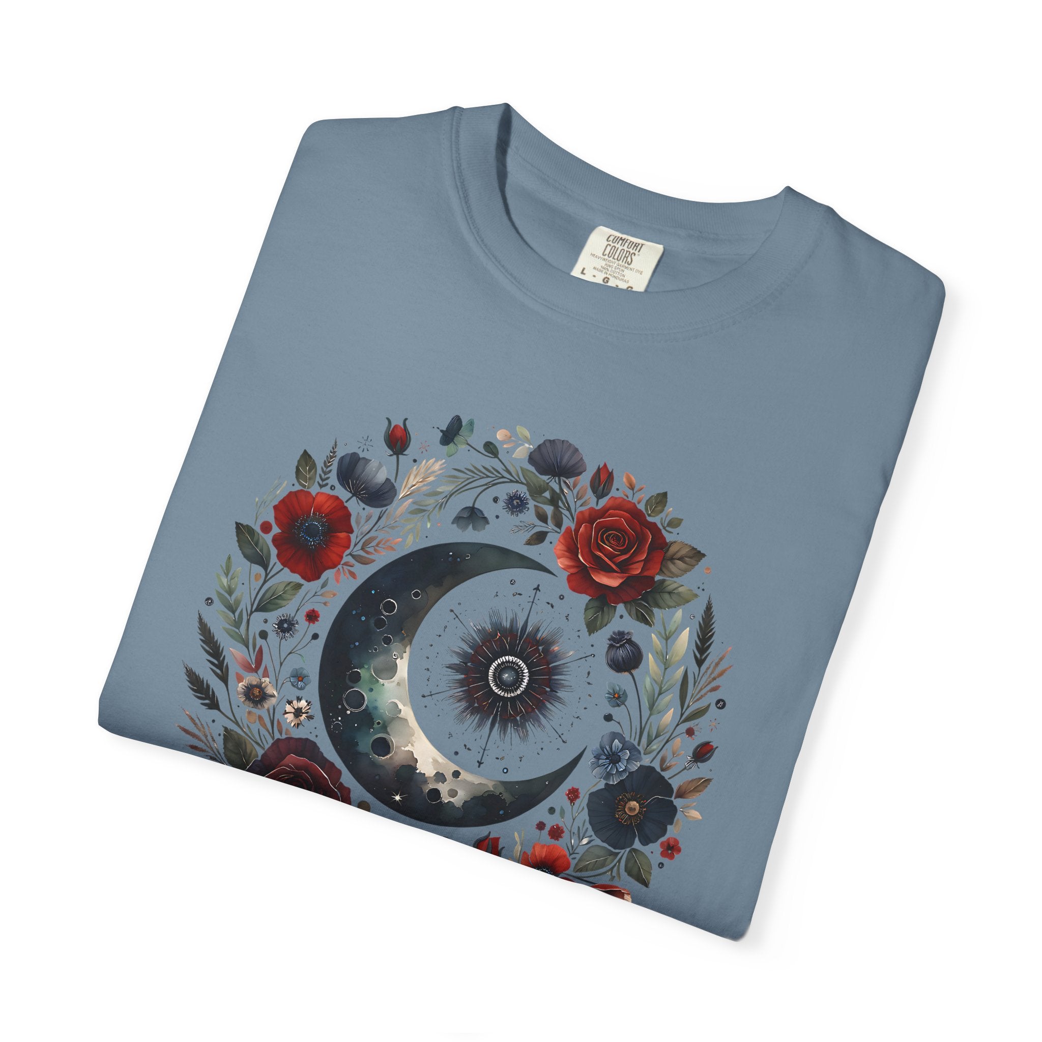 Mystical Moon T-Shirt — “Stay Mystical” Floral Crescent Tee - Dark Aesthetic T-Shirt - Midnight Eye, LLC