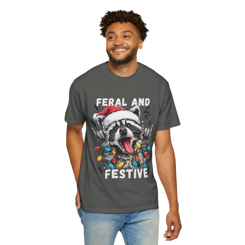 Feral and Festive Funny Raccoon Christmas T-Shirt - Racoon Graphic T-Shirt
