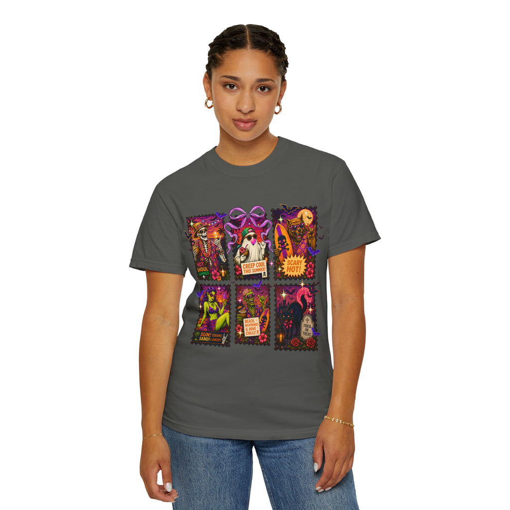 Halloween Witch Postage Stamp T-Shirt — Vintage Spooky Pin-Up Graphic Tee. Midnight Eye, LLC
