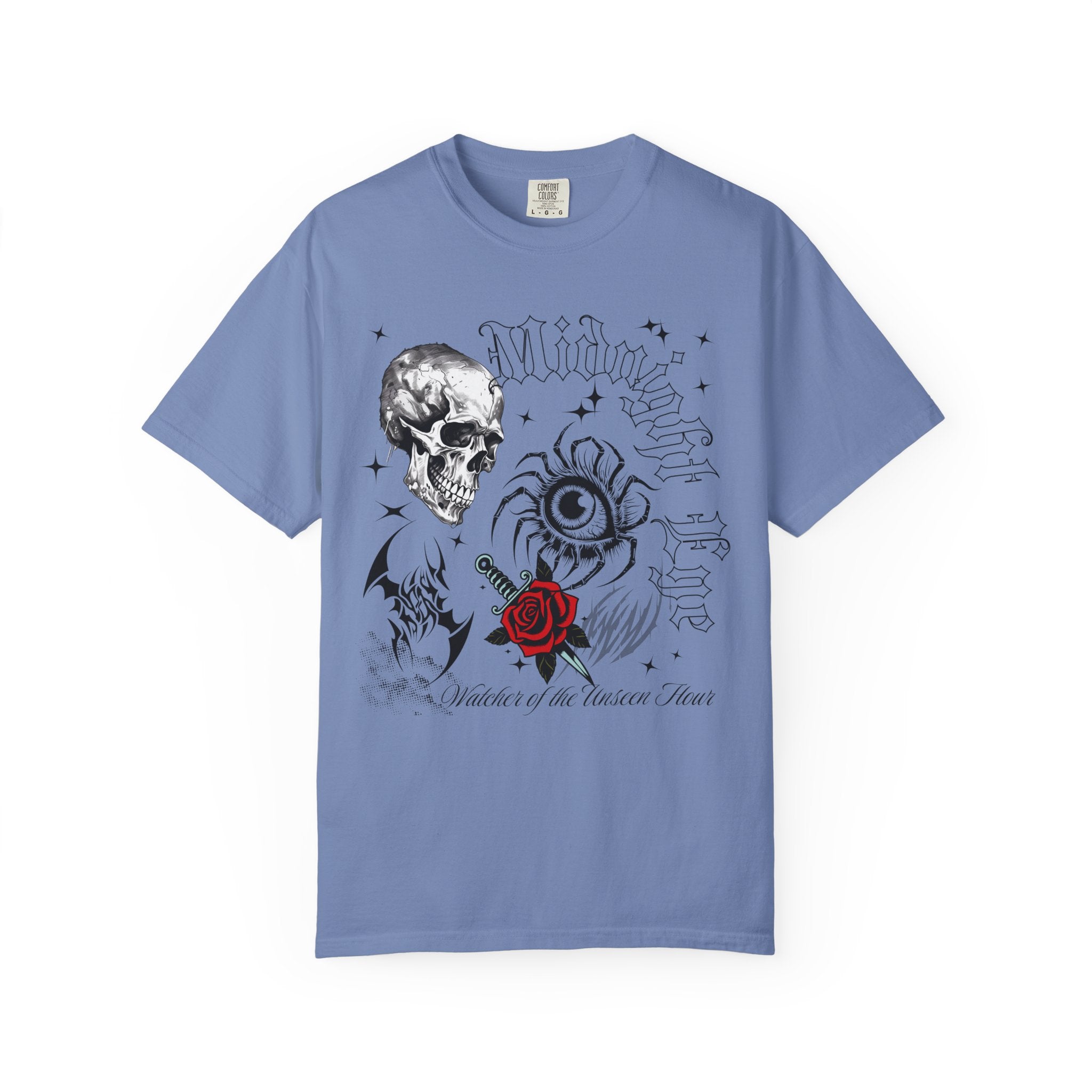 Skull, Red Rose & Eye Tattoo Art T-Shirt — Gothic Streetwear Tee. Midnight Eye, LLC