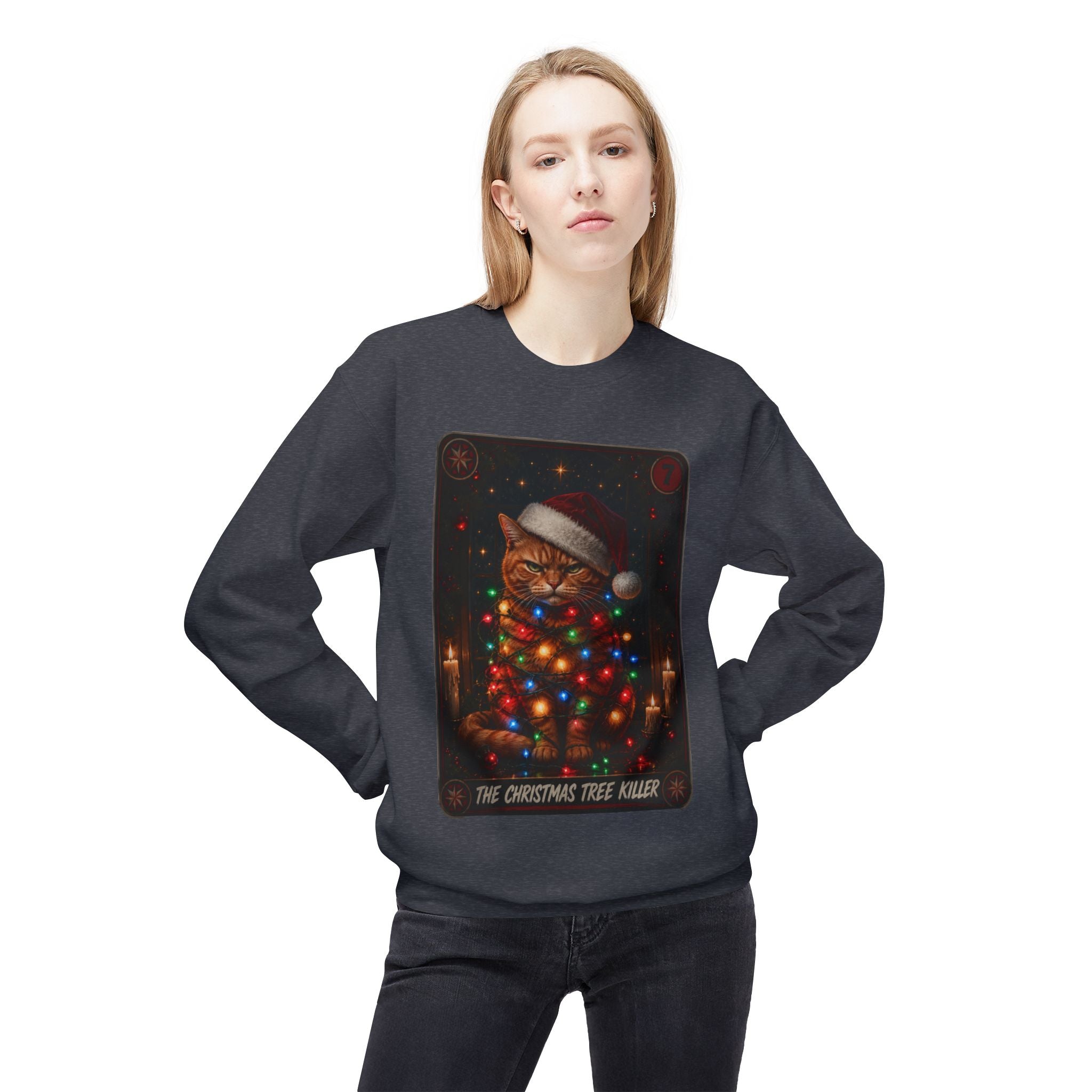 Funny Christmas Cat Crewneck Sweatshirt - "The Christmas Tree Killer" Holiday Sweater. Midnight Eye, LLC