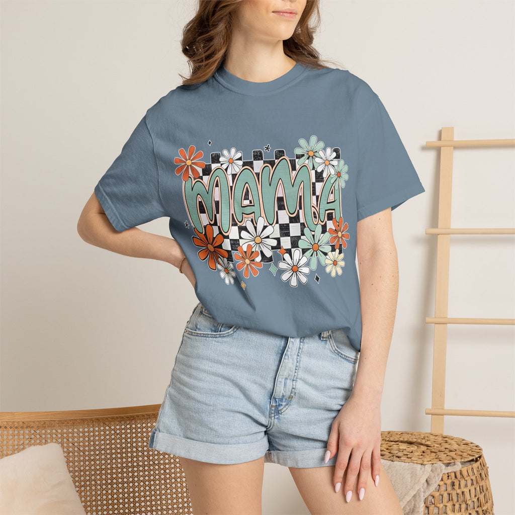 Mama Floral Graphic T-Shirt — Retro Checkerboard Mom Tee. Midnight Eye, LLC