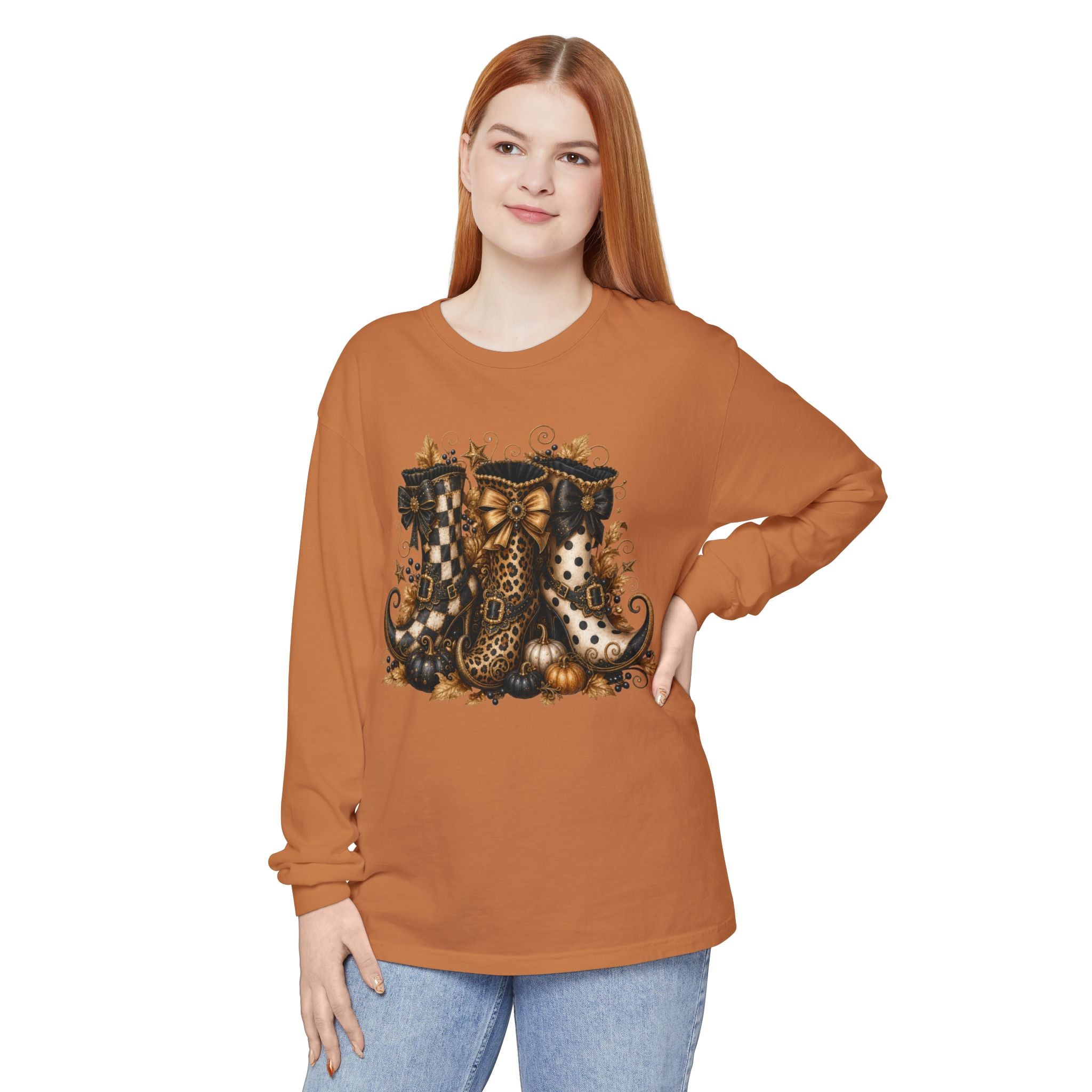 Halloween Witch Boots Long Sleeve T-Shirt — Vintage Spooky Pumpkin & Bows. Midnight Eye, LLC