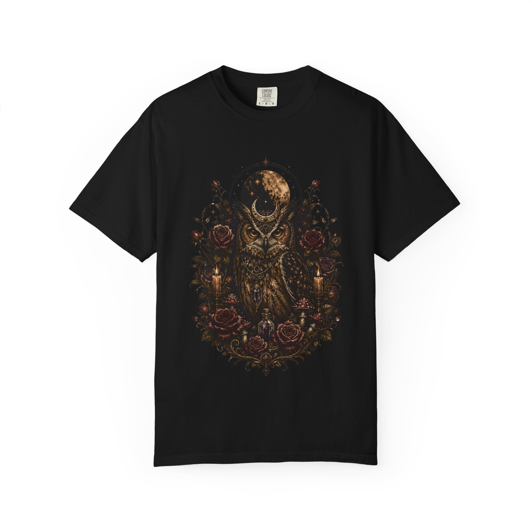 Owl Moon Graphic T-Shirt — Gothic Owl with Roses