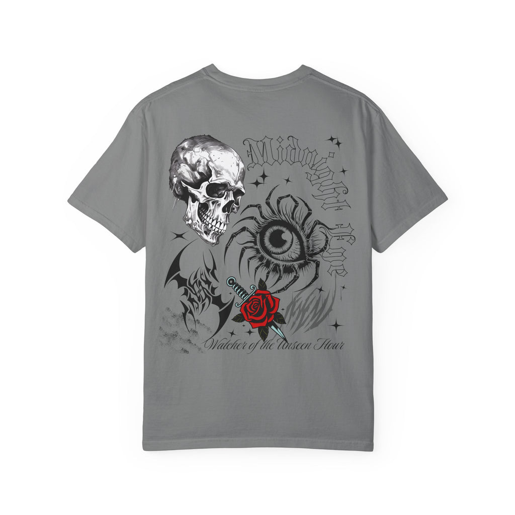 Graphic Skull & Red Rose Gothic T‑Shirt - Edgy Streetwear T-Shirt - Vintage Tee - Dark Aesthetic Tee - Midnight Eye, LLC