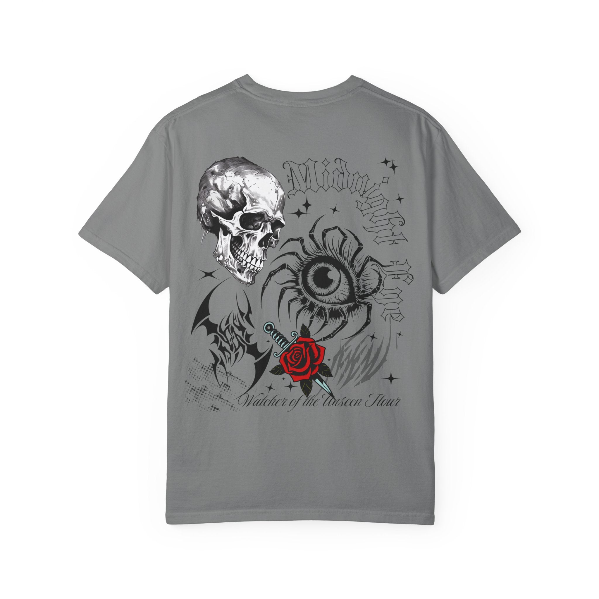 Graphic Skull & Red Rose Gothic T‑Shirt - Edgy Streetwear T-Shirt - Vintage Tee - Dark Aesthetic Tee - Midnight Eye, LLC