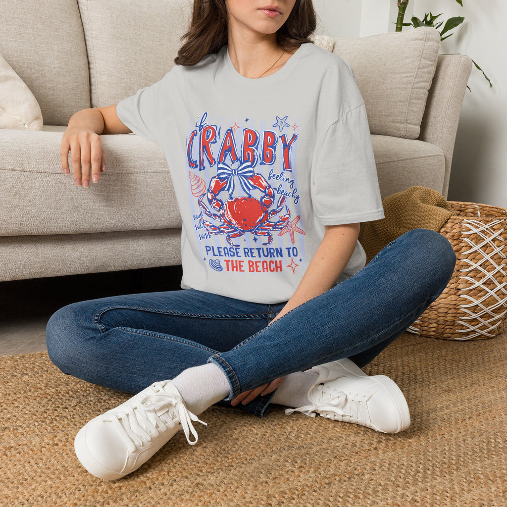 Crabby Beach T-Shirt — "If Crabby, Please Return to the Beach" Funny Summer Tee. Midnight Eye LLC.