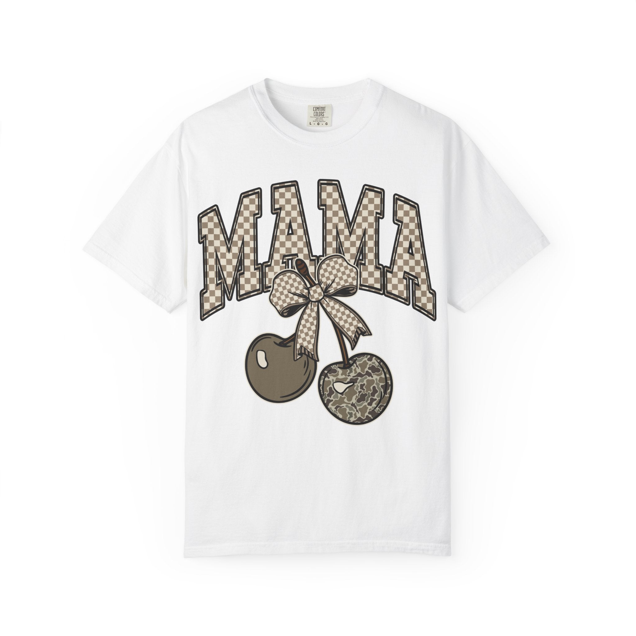 Mama Cherry Graphic T-Shirt — Retro Checkerboard Cherry Design. Midnight Eye, LLC