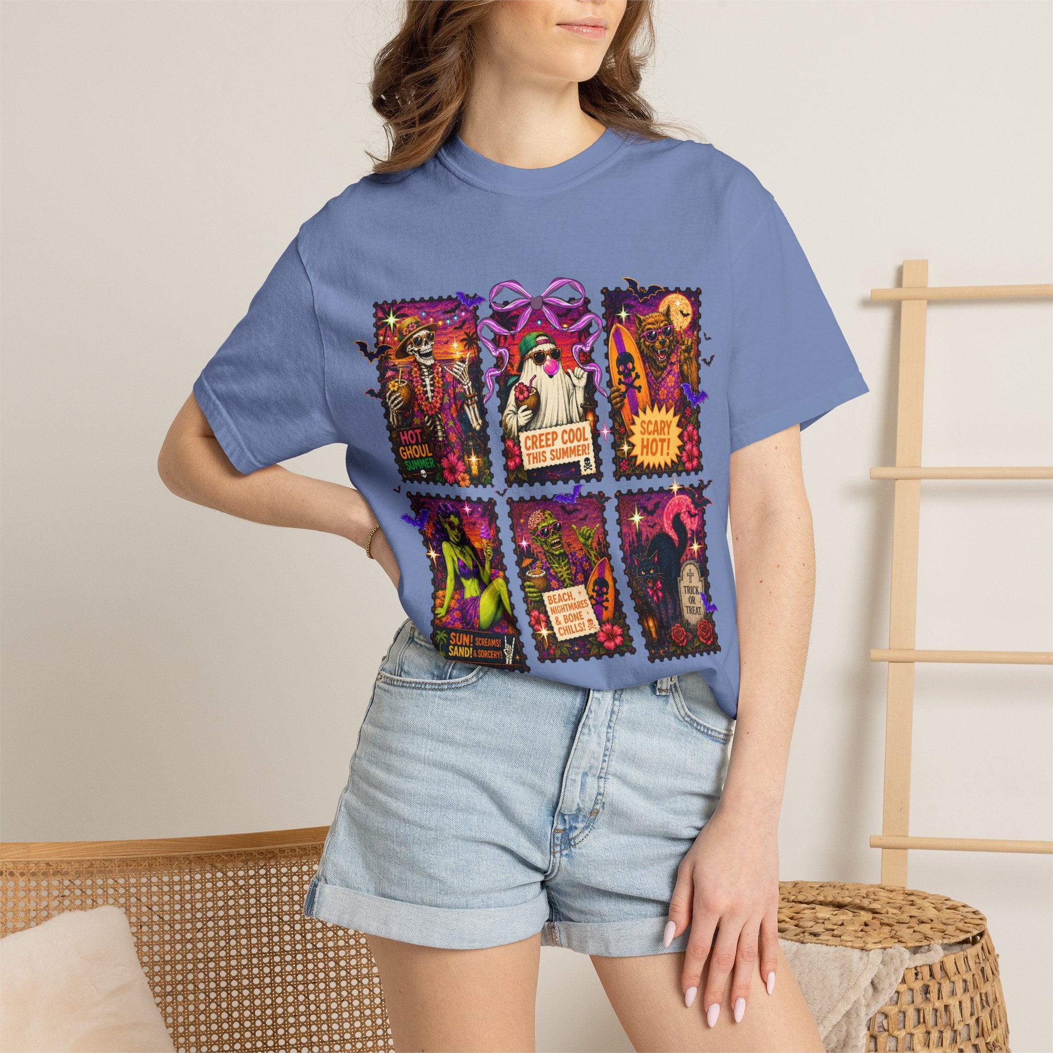 Halloween Witch Postage Stamp T-Shirt — Vintage Spooky Pin-Up Graphic Tee. Midnight Eye, LLC. 