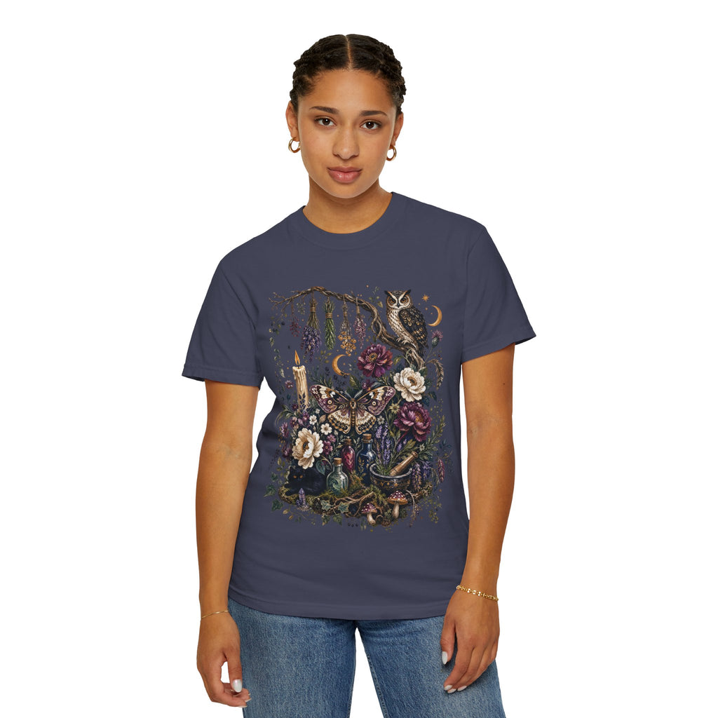 Mystical Forest Owl T-Shirt — Botanical Witchy Moonlight Art Tee, Midnight Eye, LLC