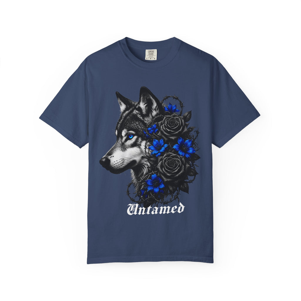 Wolf Floral T-Shirt — "Untamed" Graphic Tee with Blue & Black Roses