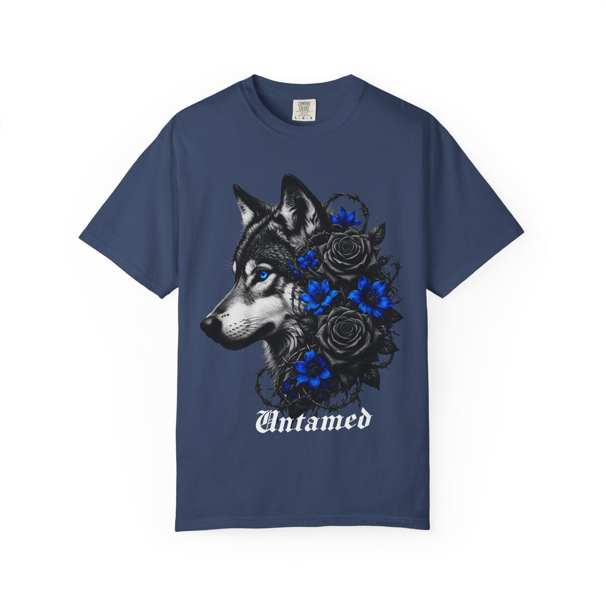 Wolf Floral T-Shirt — "Untamed" Graphic Tee with Blue & Black Roses