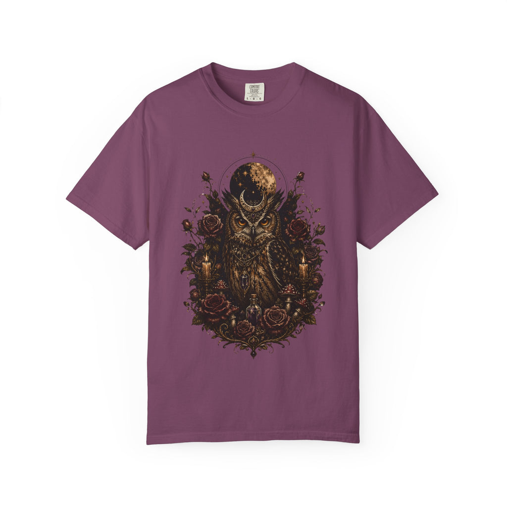 Owl Moon Graphic T-Shirt — Gothic Owl with Roses. Midnight Eye, LLC 