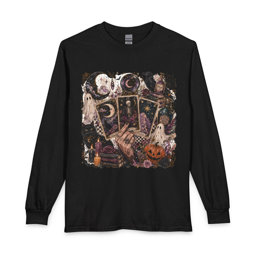 Halloween Tarot Long Sleeve Tee — Ghosts, Pumpkins & Tarot Cards Graphic Tee. Midnight Eye, LLC