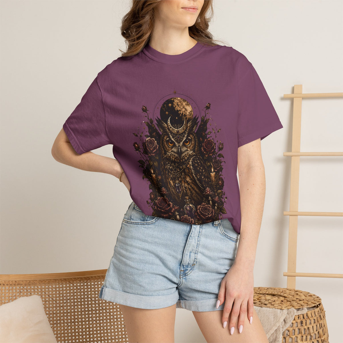 Owl Moon Graphic T-Shirt — Gothic Owl with Roses. Midnight Eye, LLC 