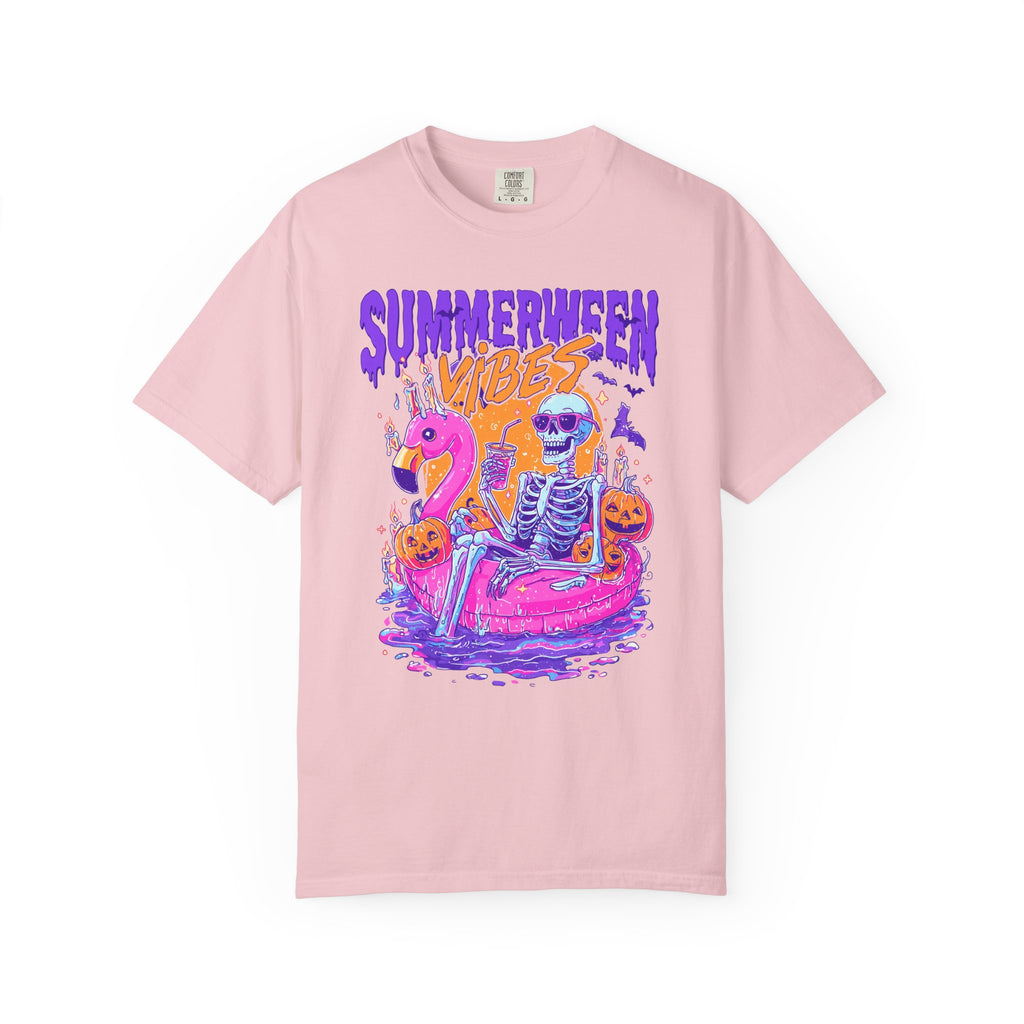 Summerween Vibes T-Shirt — Flamingo Pool Skeleton Halloween in Summer Tee - Midnight Eye, LLC