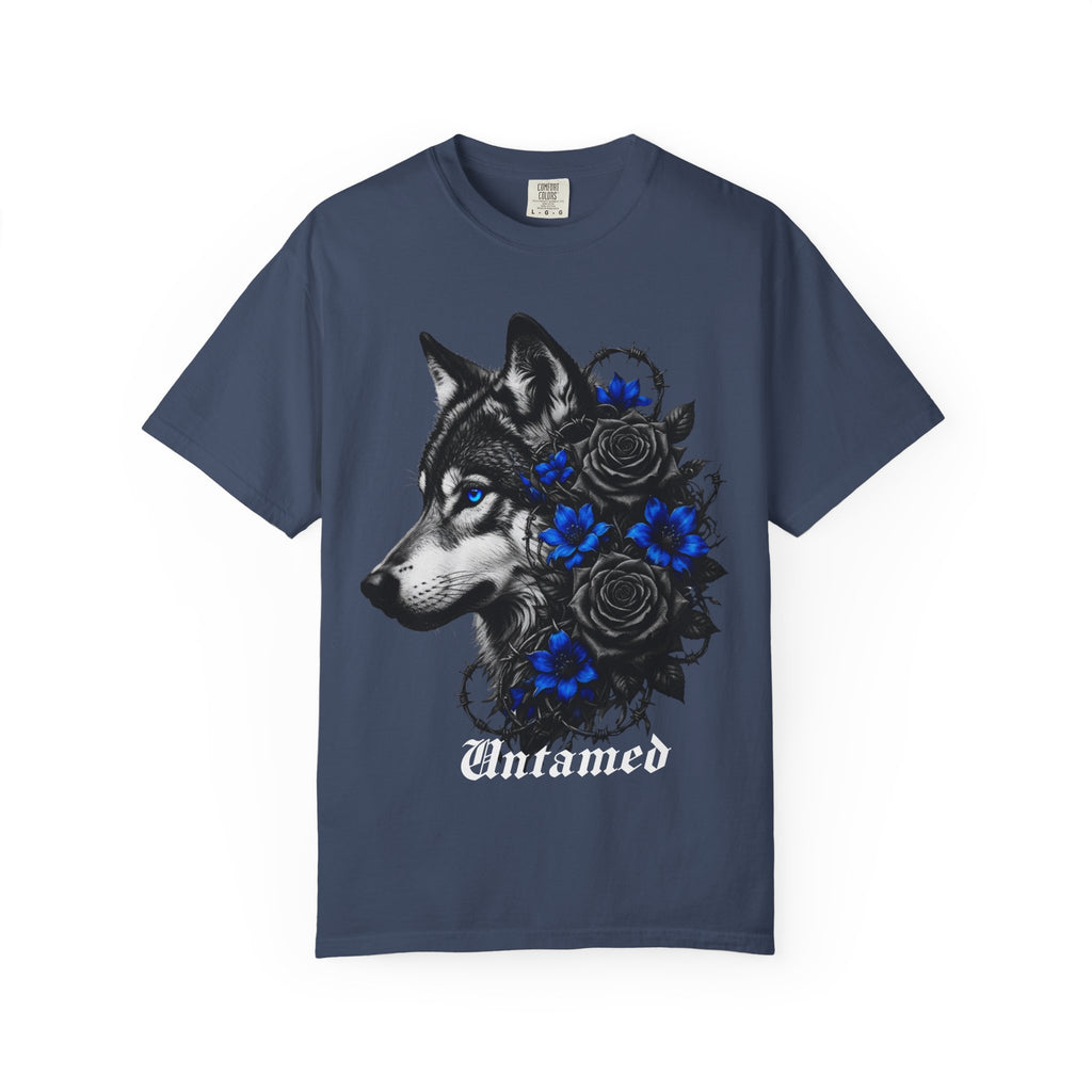Wolf Floral T-Shirt — "Untamed" Graphic Tee with Blue & Black Roses