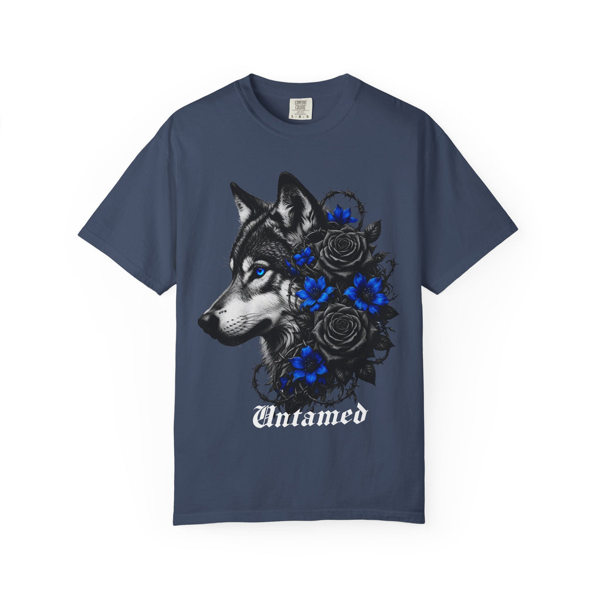 Wolf Floral T-Shirt — "Untamed" Graphic Tee with Blue & Black Roses