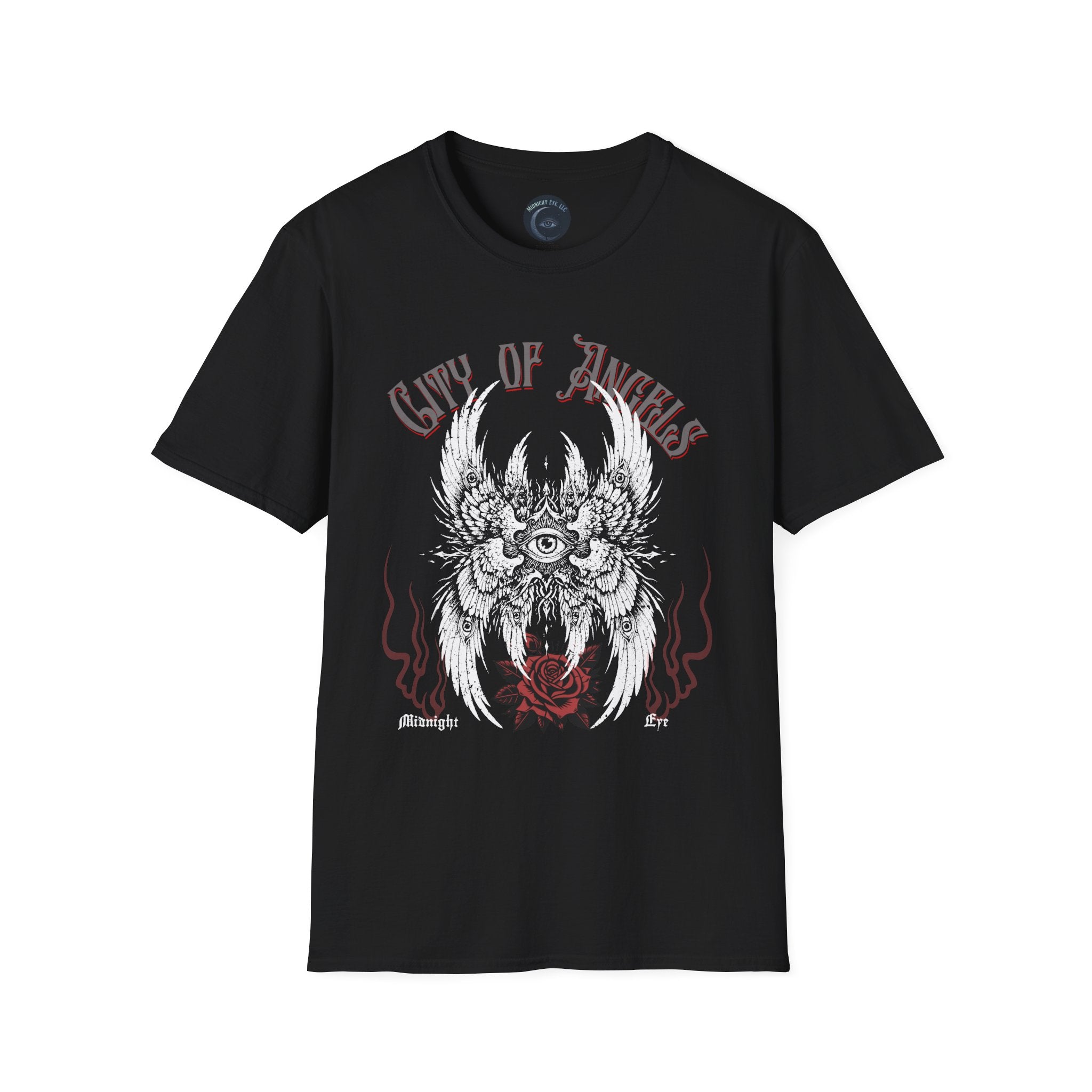 Winged Eye & Red Rose Graphic Tee — Streetwear T-Shirt - Goth Distressed Tee - Midnight Eye, LLC