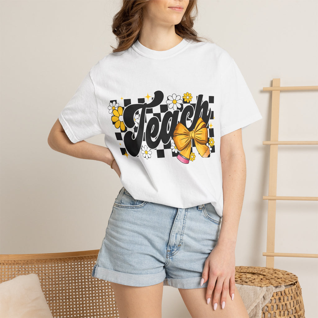 Teacher Floral Bow T-Shirt — 'Teach' Checkerboard Design