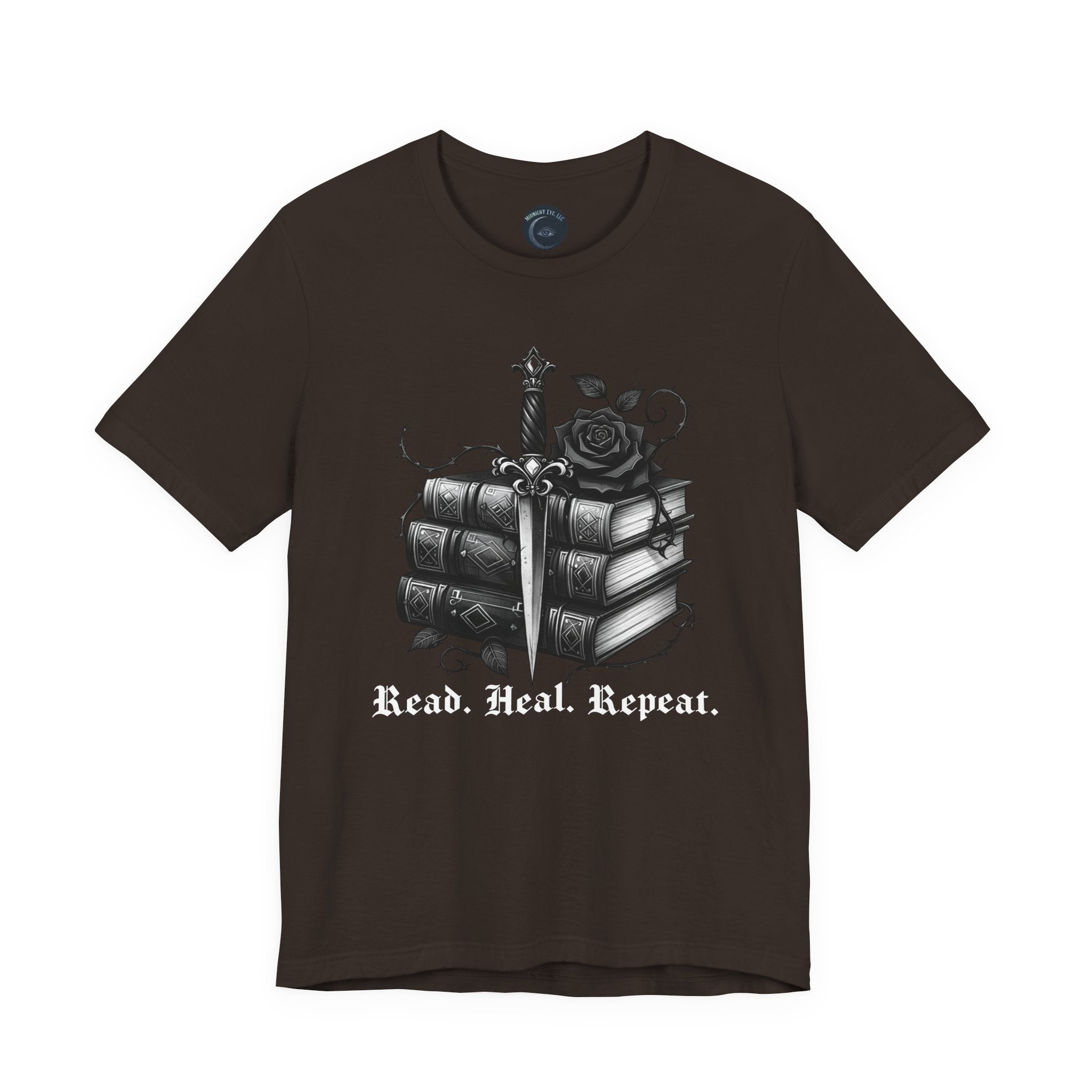 Read. Heal. Repeat. Gothic Book, Rose & Dagger T-Shirt. Books Tee. Midnight Eye, LLC.